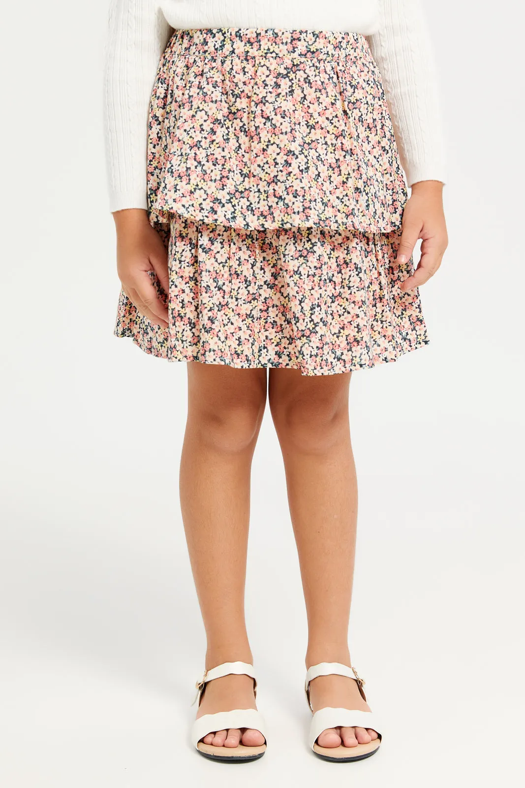 Girls Beige Floral Printed Skirt