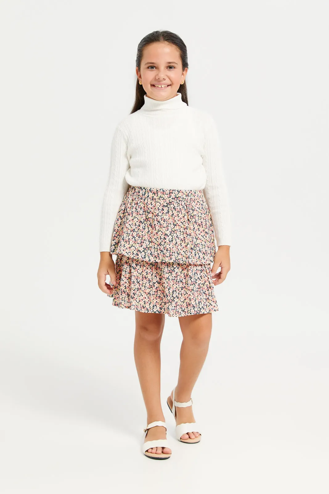 Girls Beige Floral Printed Skirt