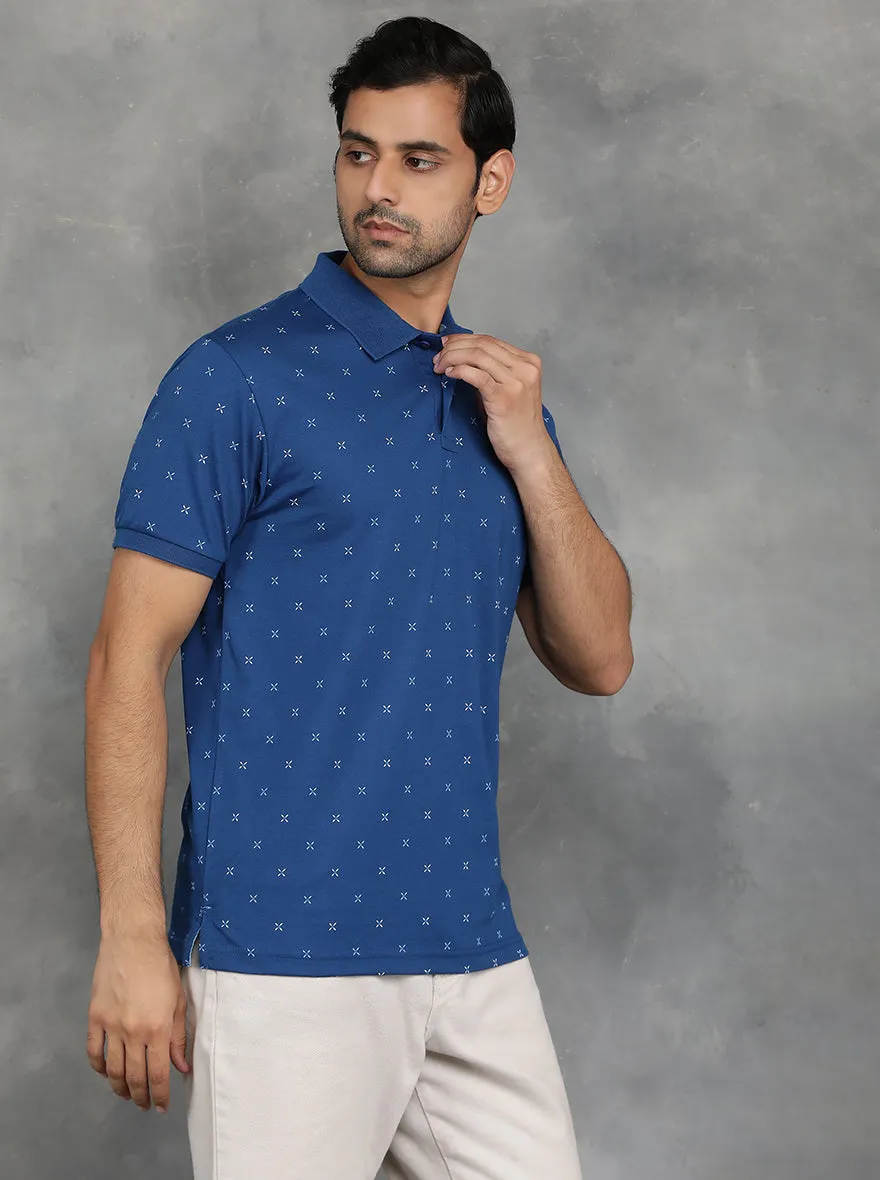 Ink Blue Printed Slim Fit Polo T-Shirt | GreenFibre