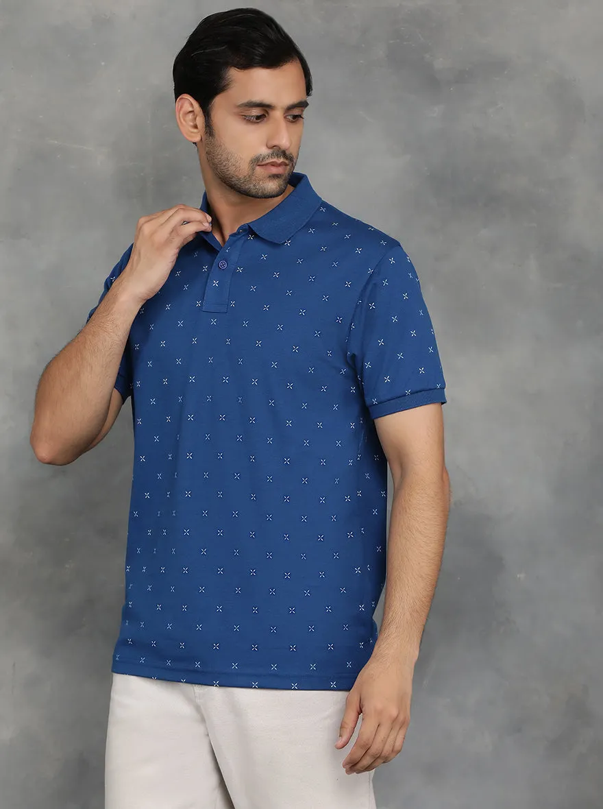 Ink Blue Printed Slim Fit Polo T-Shirt | GreenFibre