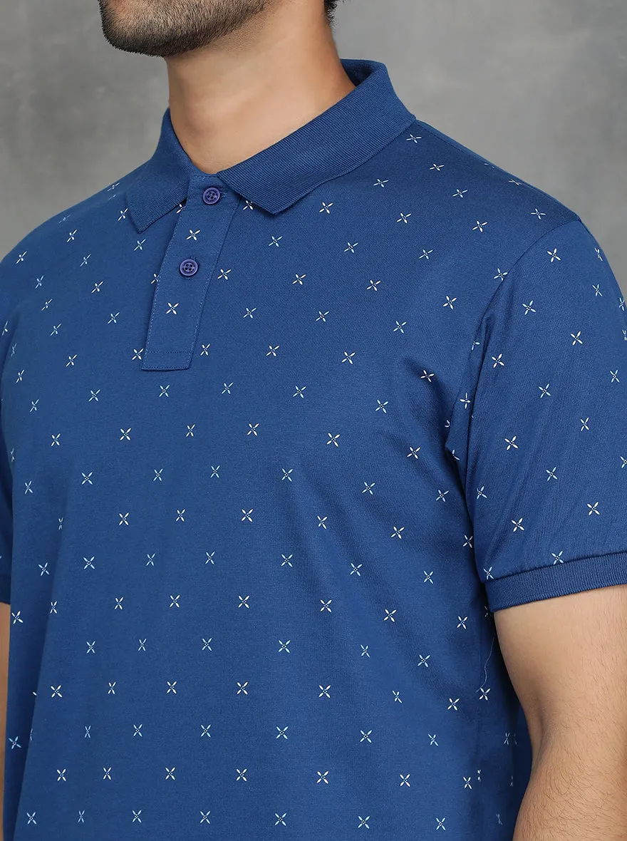 Ink Blue Printed Slim Fit Polo T-Shirt | GreenFibre