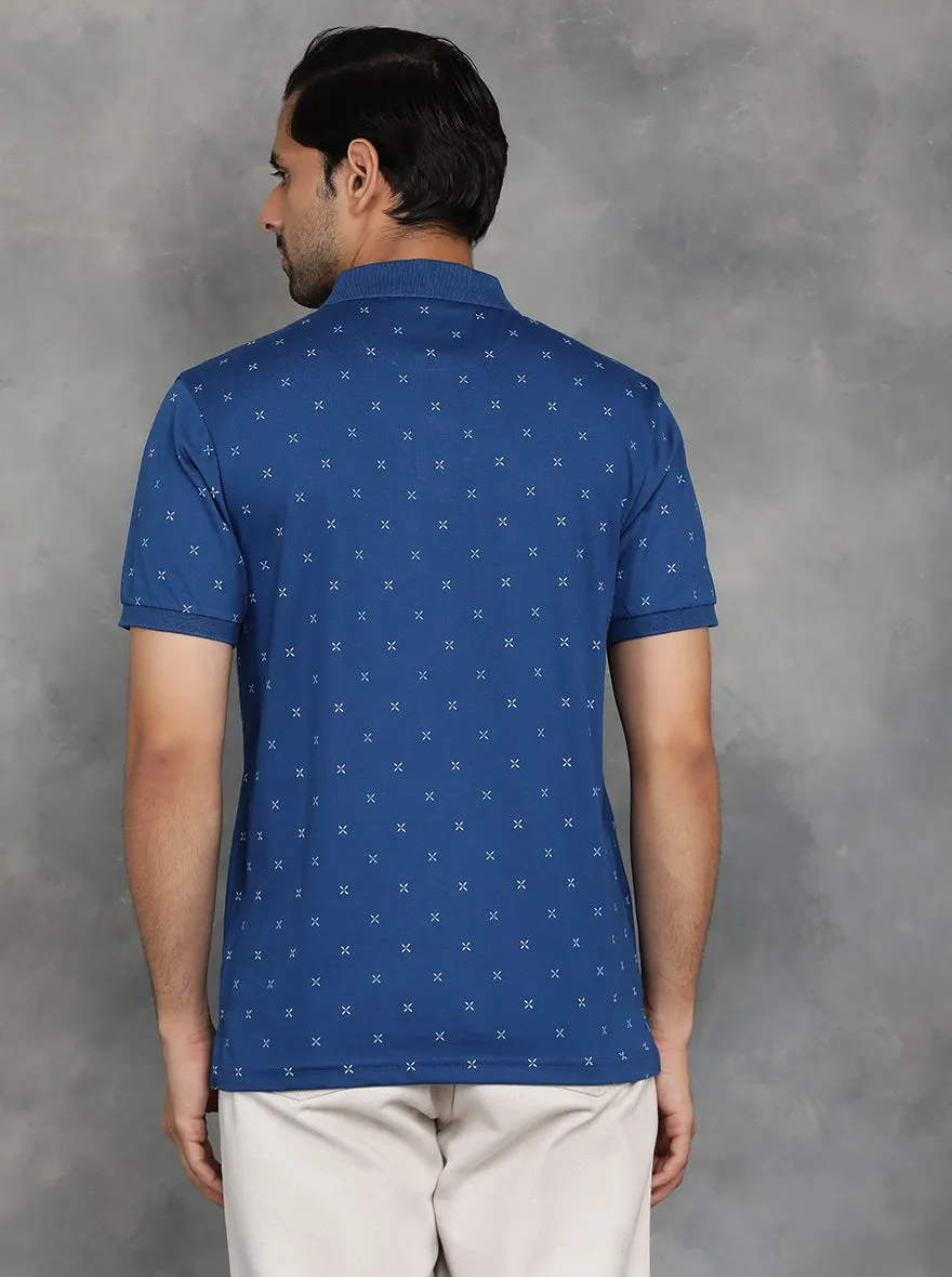 Ink Blue Printed Slim Fit Polo T-Shirt | GreenFibre