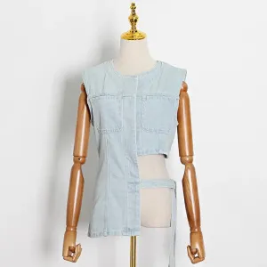 Lace Up Bowknot Denim Vest For Women O Neck Sleeveless Hollow Out Casual Vests Female Fashion Clothing