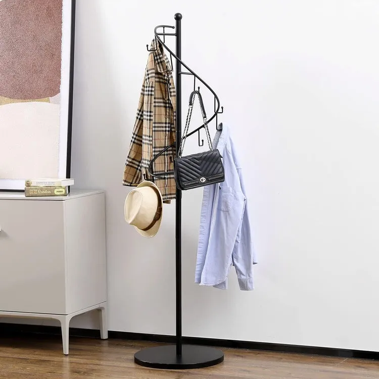 Matte Black Metal Spiral Garment Rack with 10 Hooks, Freestanding Clothing Hanger Display for Coats, Bags, and Scarves