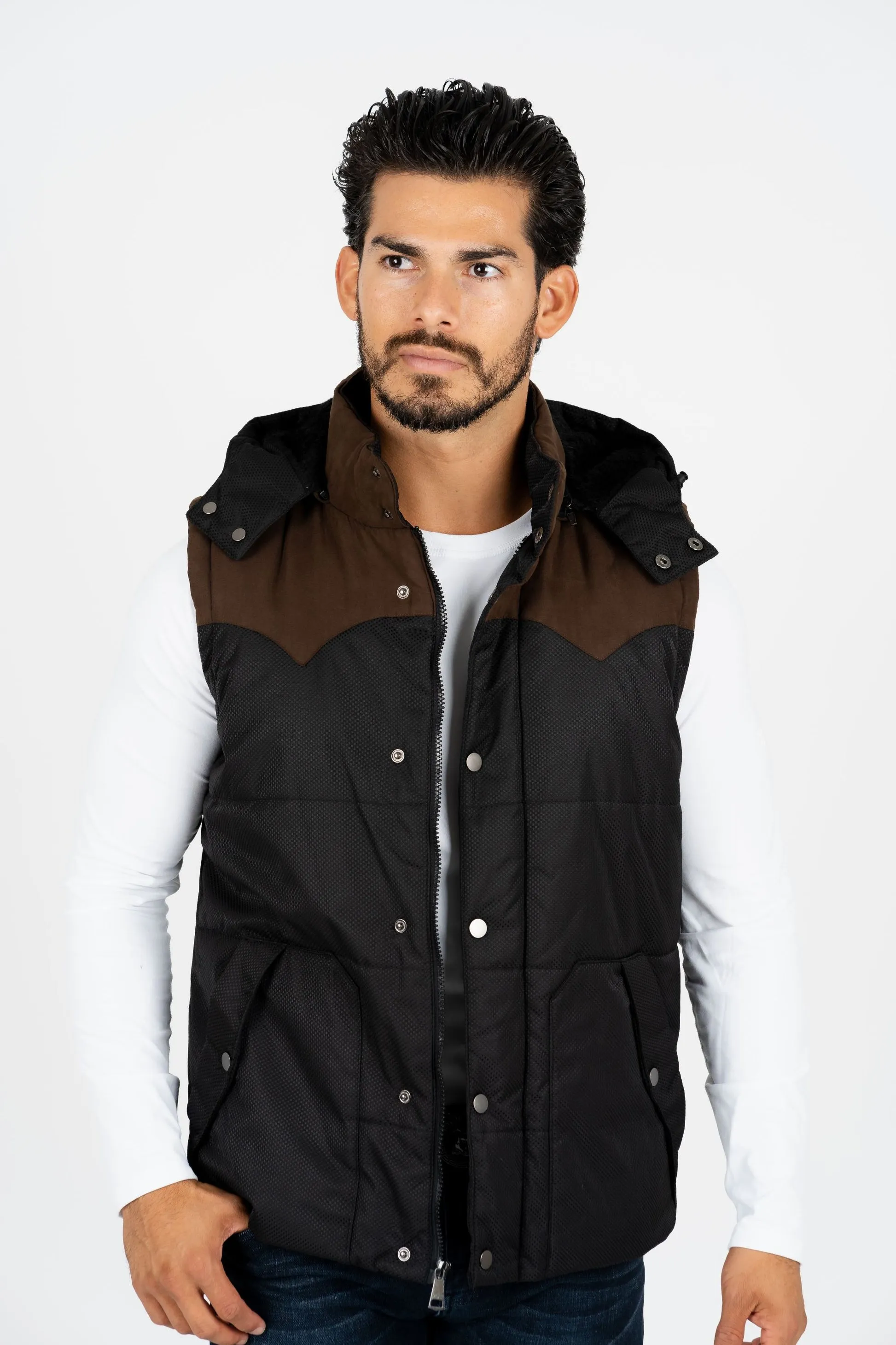 Men's Black Padded Hooded Vest with Faux Fur Lining | VST8828