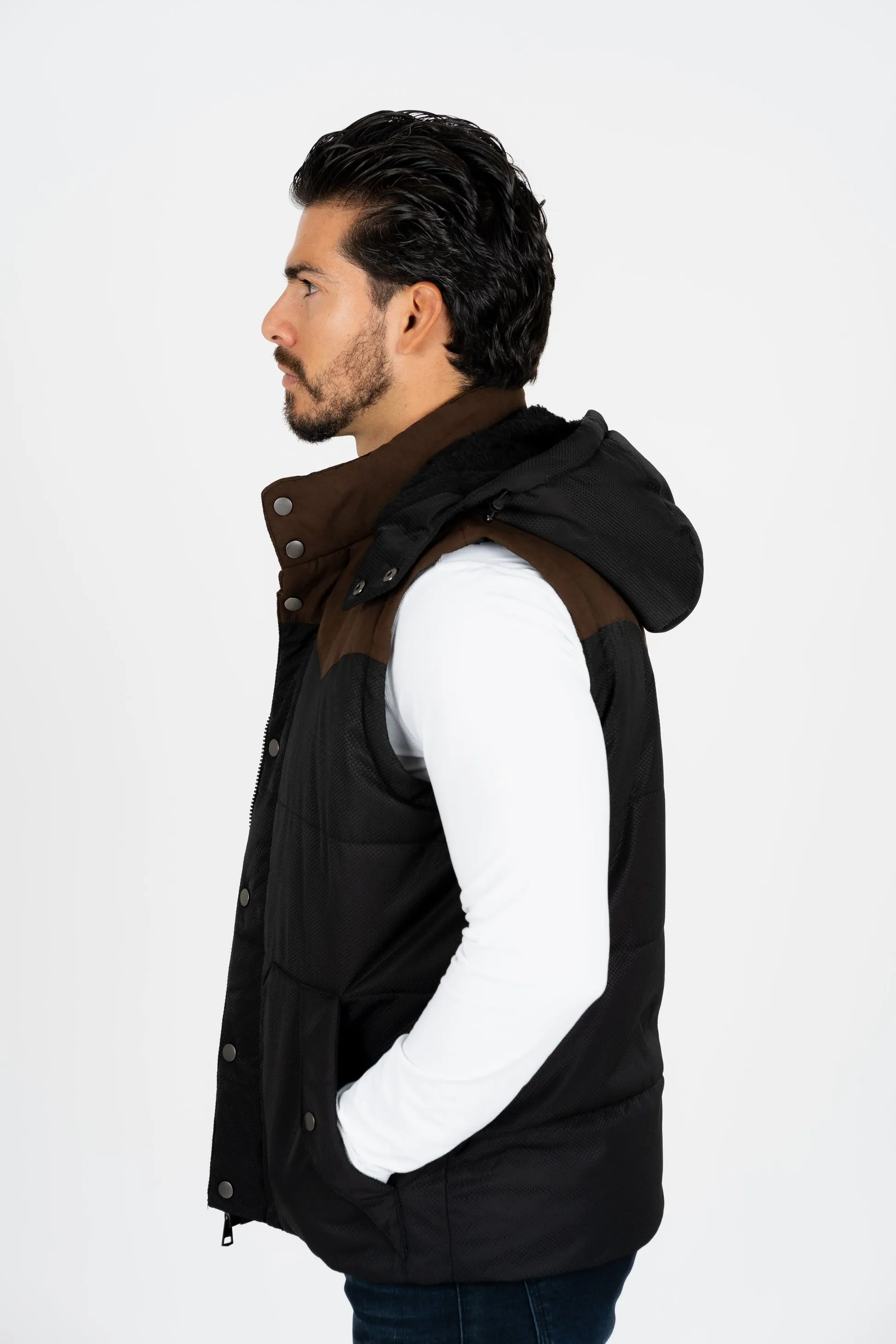 Men's Black Padded Hooded Vest with Faux Fur Lining | VST8828