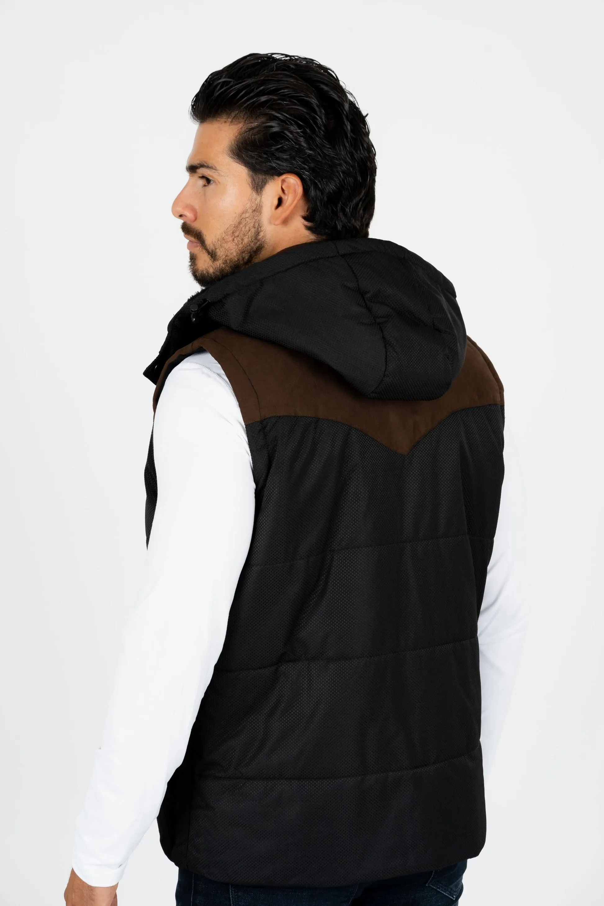 Men's Black Padded Hooded Vest with Faux Fur Lining | VST8828