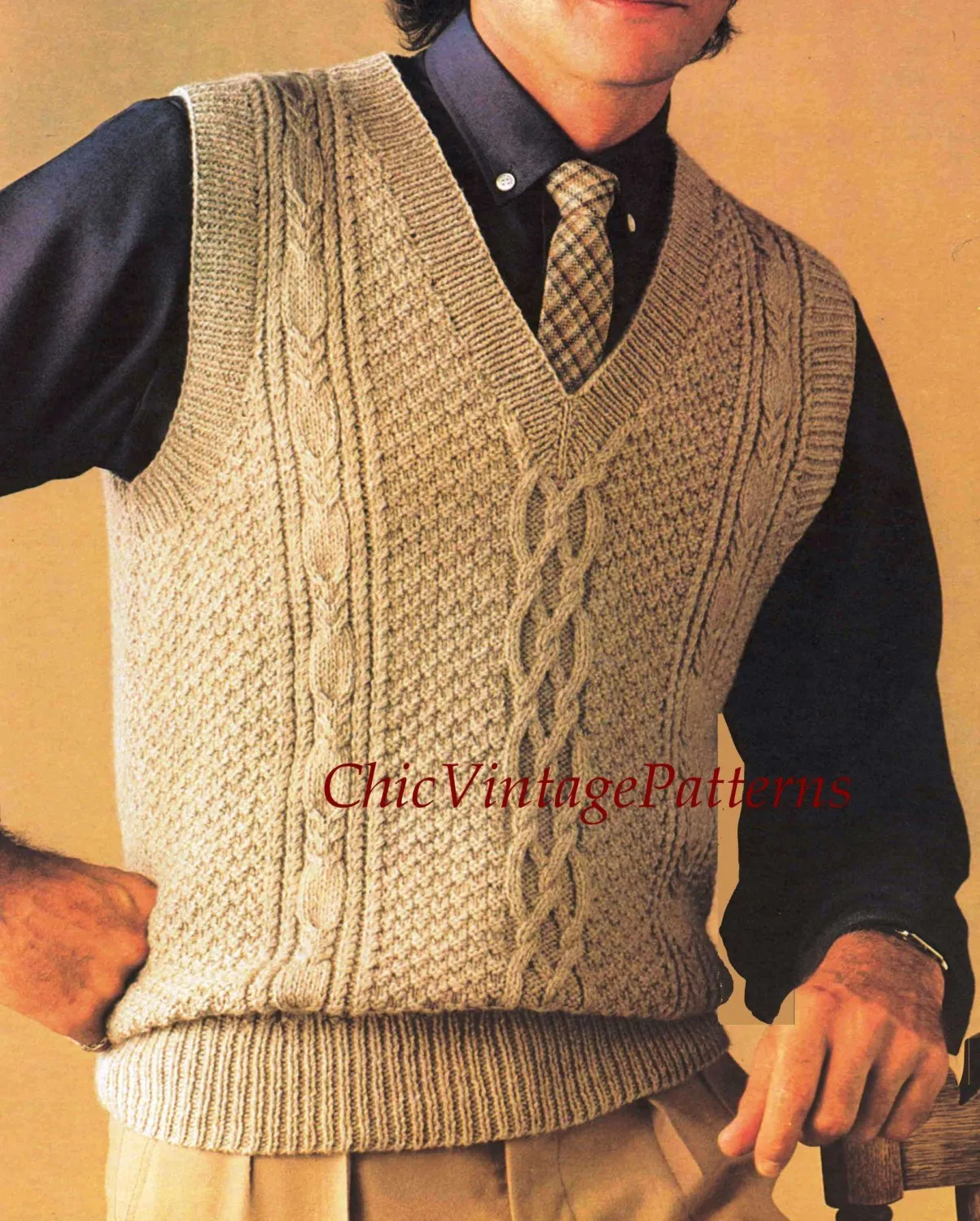 Men's Cabled Vest Pattern, Vintage Sleeveless Vest, PDF Knitting Pattern