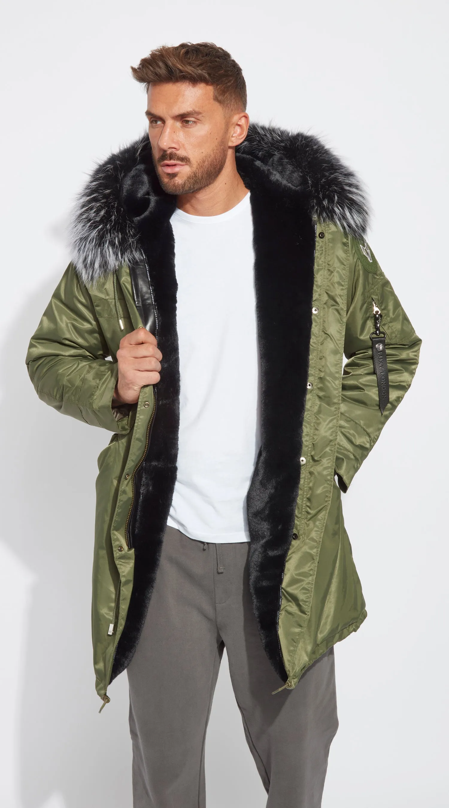 Mens Khaki Water-Repellent Luxy Fur Parka - 3/4 Black Mist