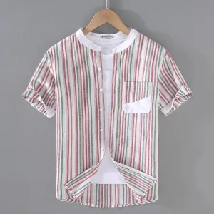 Men's Stand Collar Striped Short Sleeve Shirt – Breathable Cotton-Linen Blend, Summer Casual Fashion with Pocket