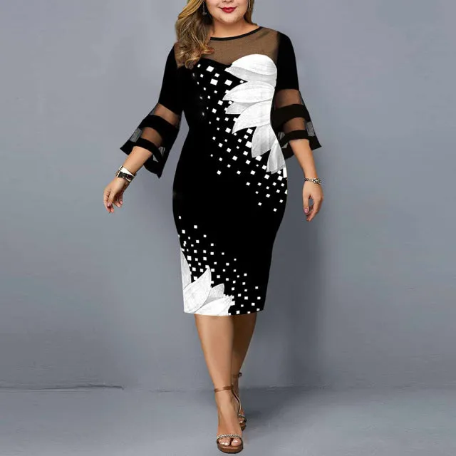 Midi Elegant Mesh Lace Floral Print Plus Size Dress