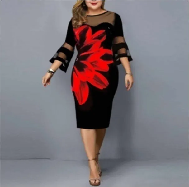 Midi Elegant Mesh Lace Floral Print Plus Size Dress