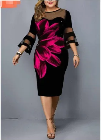 Midi Elegant Mesh Lace Floral Print Plus Size Dress