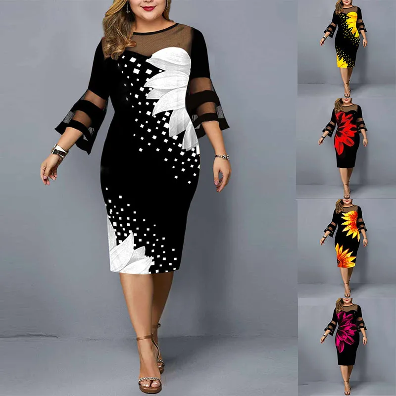 Midi Elegant Mesh Lace Floral Print Plus Size Dress