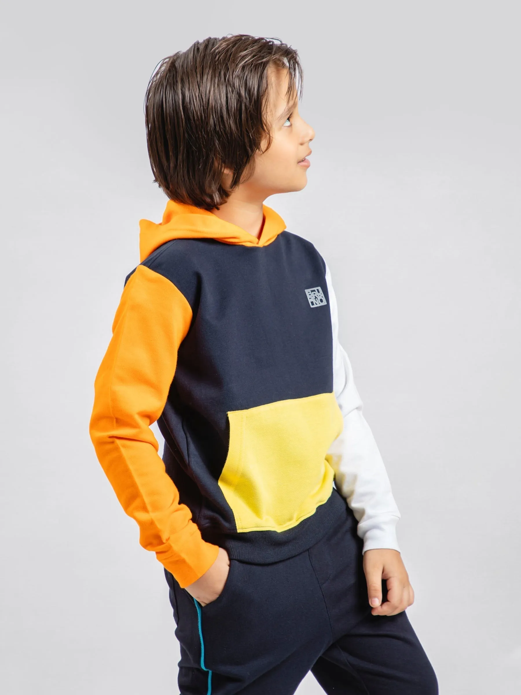 Navy Blue & Orange Sweatshirt With Contrasting Sleeves & Hood