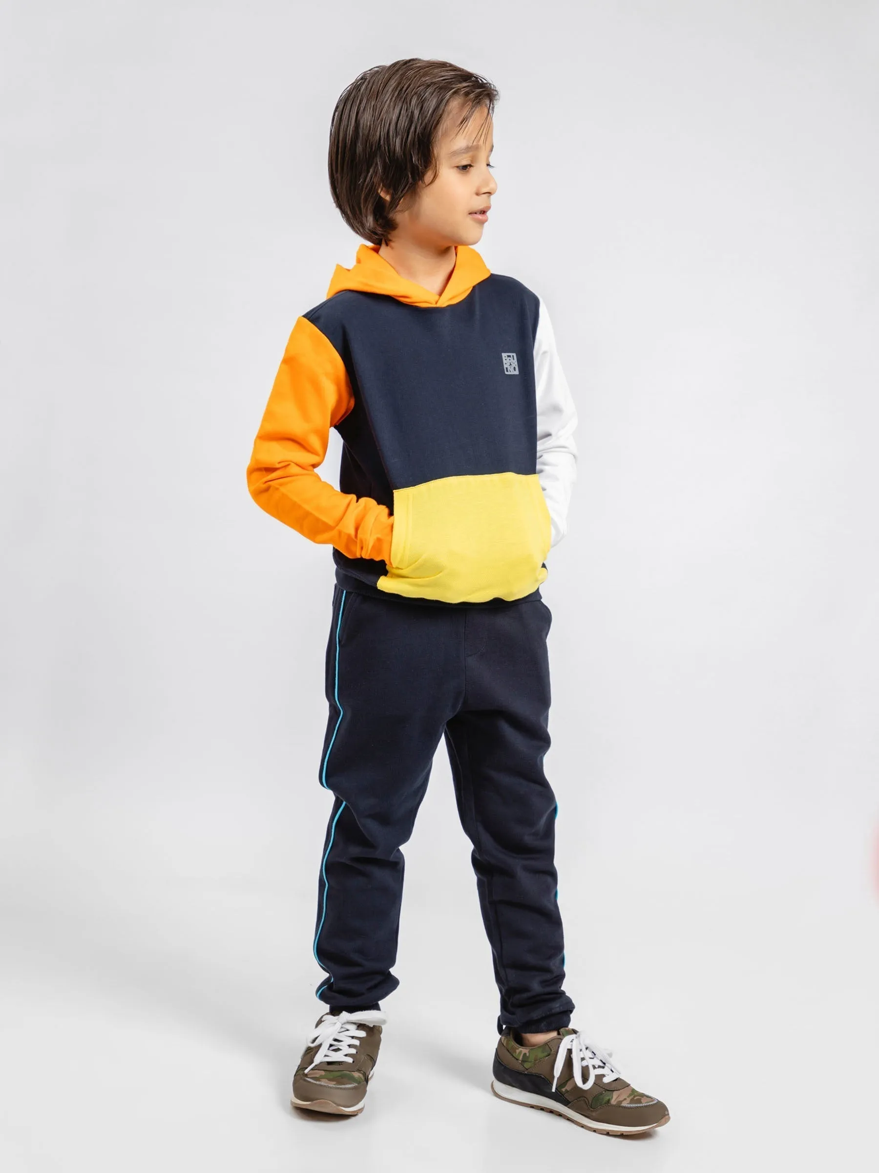 Navy Blue & Orange Sweatshirt With Contrasting Sleeves & Hood