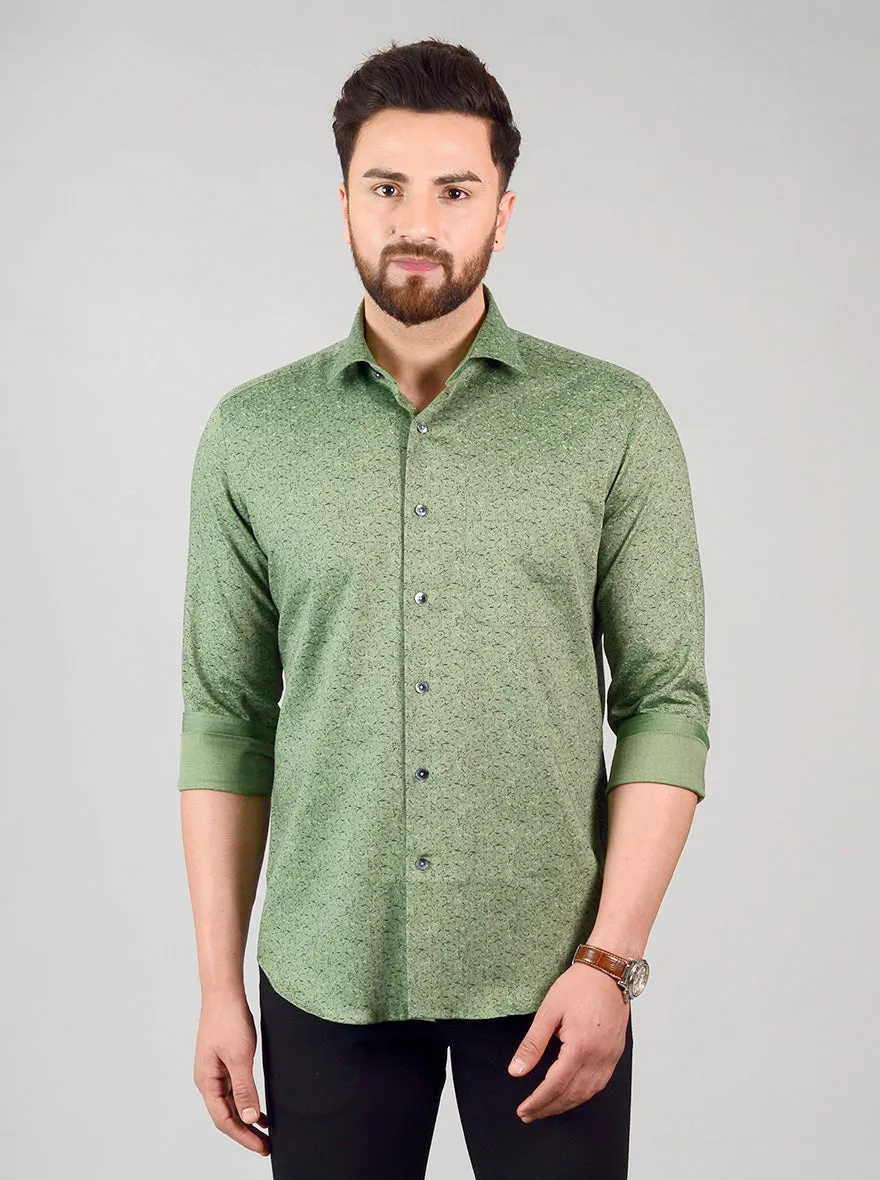 Olive Green Printed Slim Fit Evening Wear Shirt | Metal