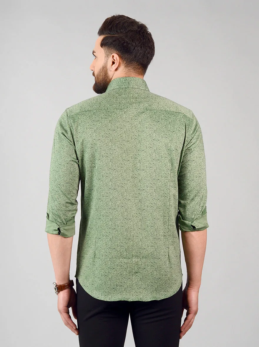 Olive Green Printed Slim Fit Evening Wear Shirt | Metal