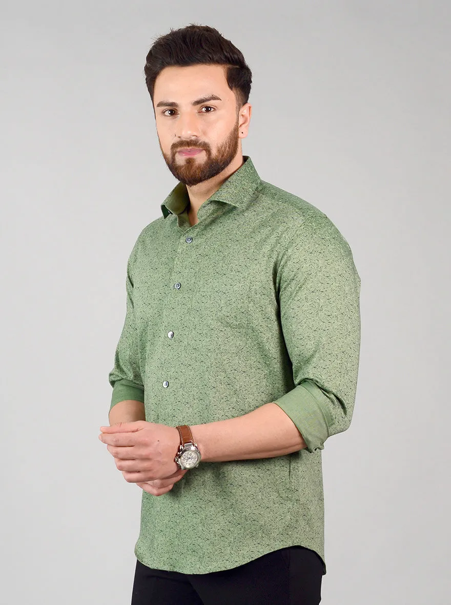 Olive Green Printed Slim Fit Evening Wear Shirt | Metal