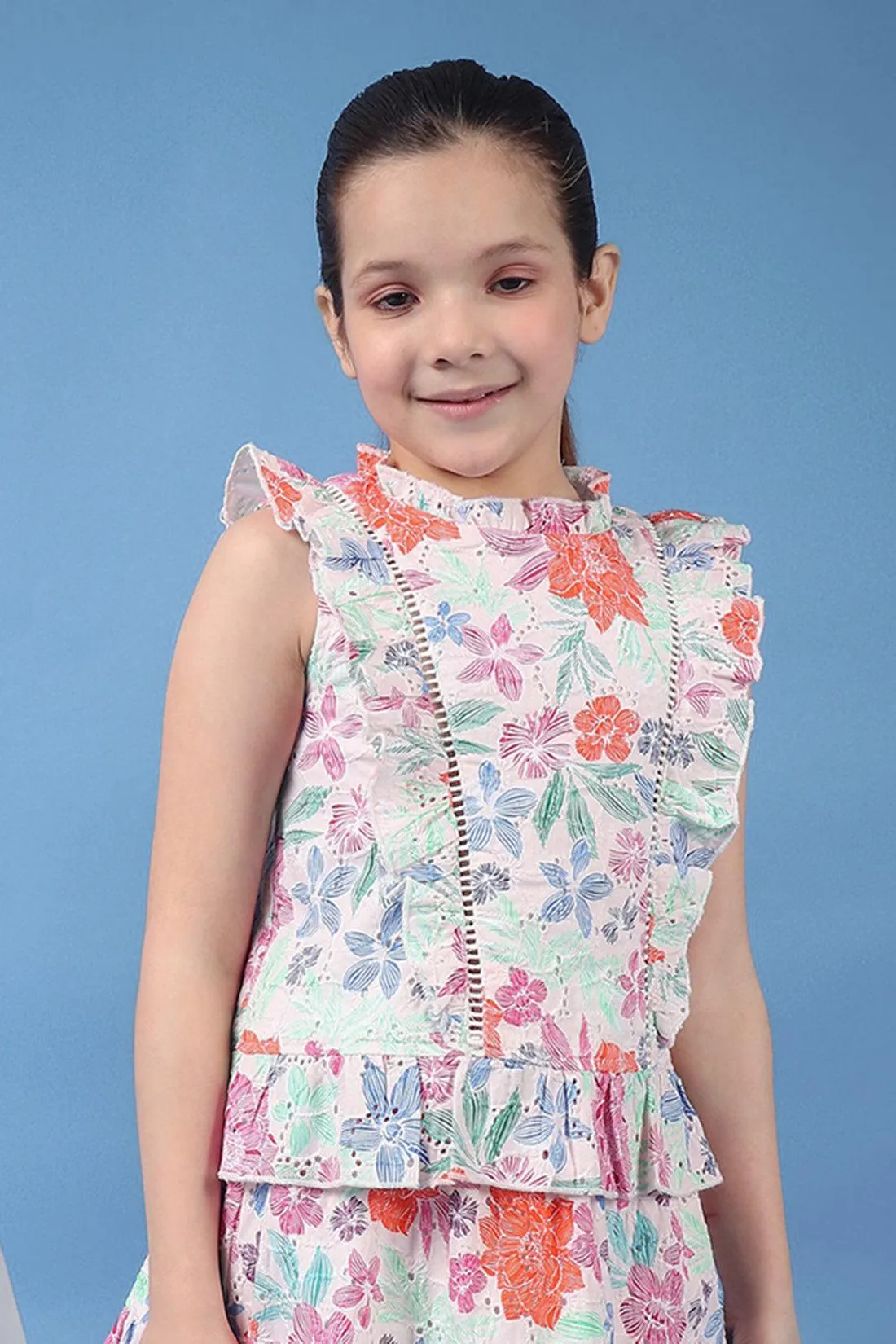 One Friday Kids Girls Beige Printed Lace Detailed Top With Frills and Neck Band