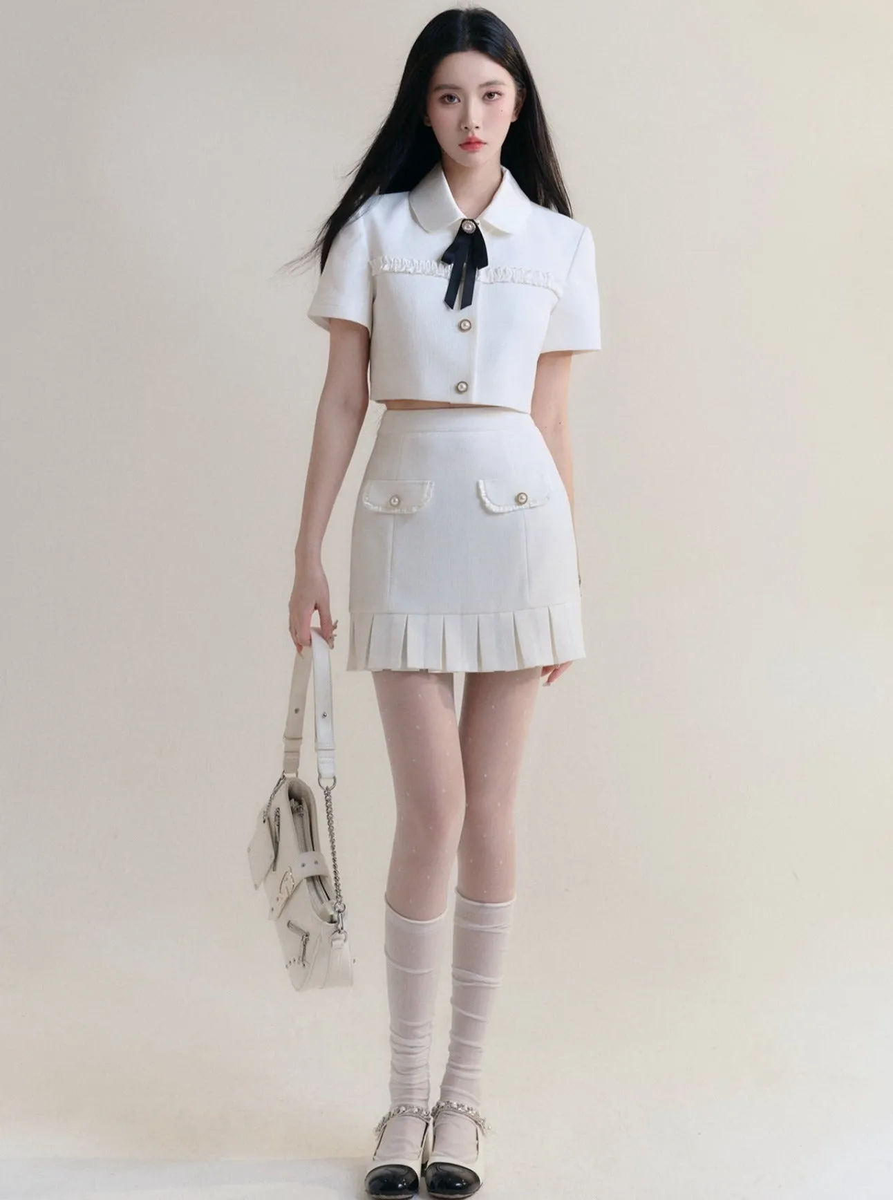 Preppy Bow Collar Tennis Set - White Ruffle Blouse and Pleated Skirt