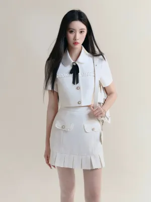 Preppy Bow Collar Tennis Set - White Ruffle Blouse and Pleated Skirt