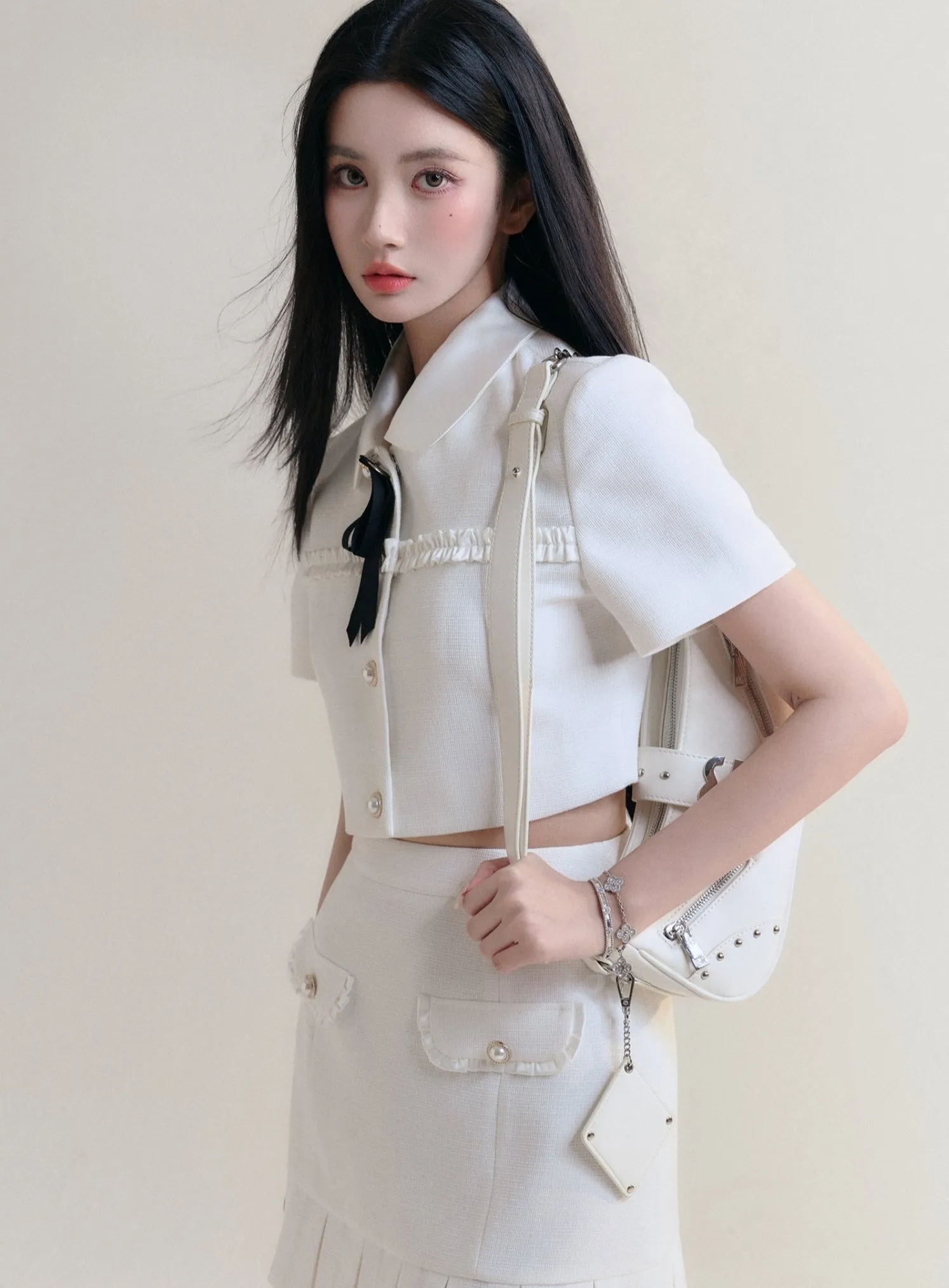 Preppy Bow Collar Tennis Set - White Ruffle Blouse and Pleated Skirt