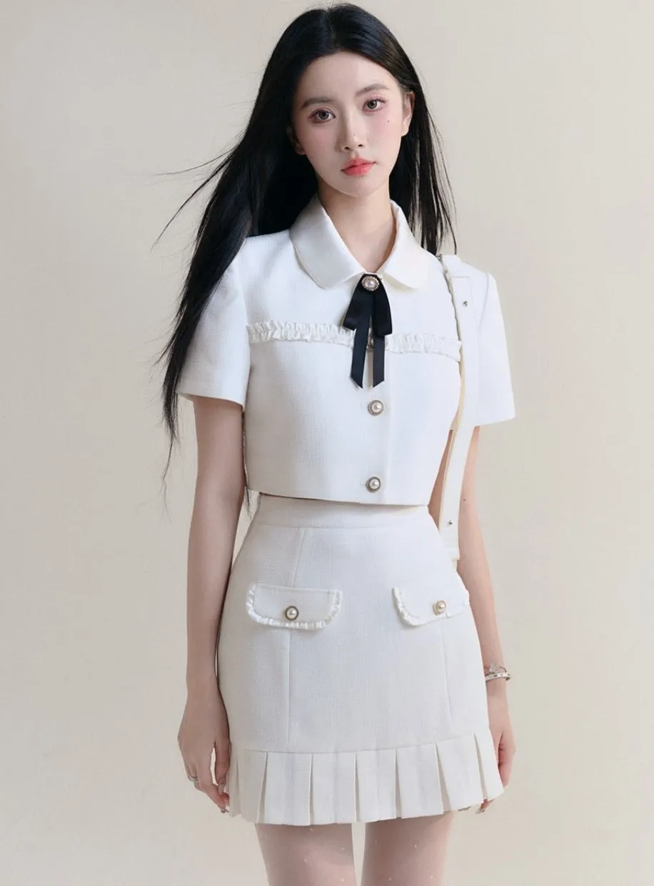 Preppy Bow Collar Tennis Set - White Ruffle Blouse and Pleated Skirt