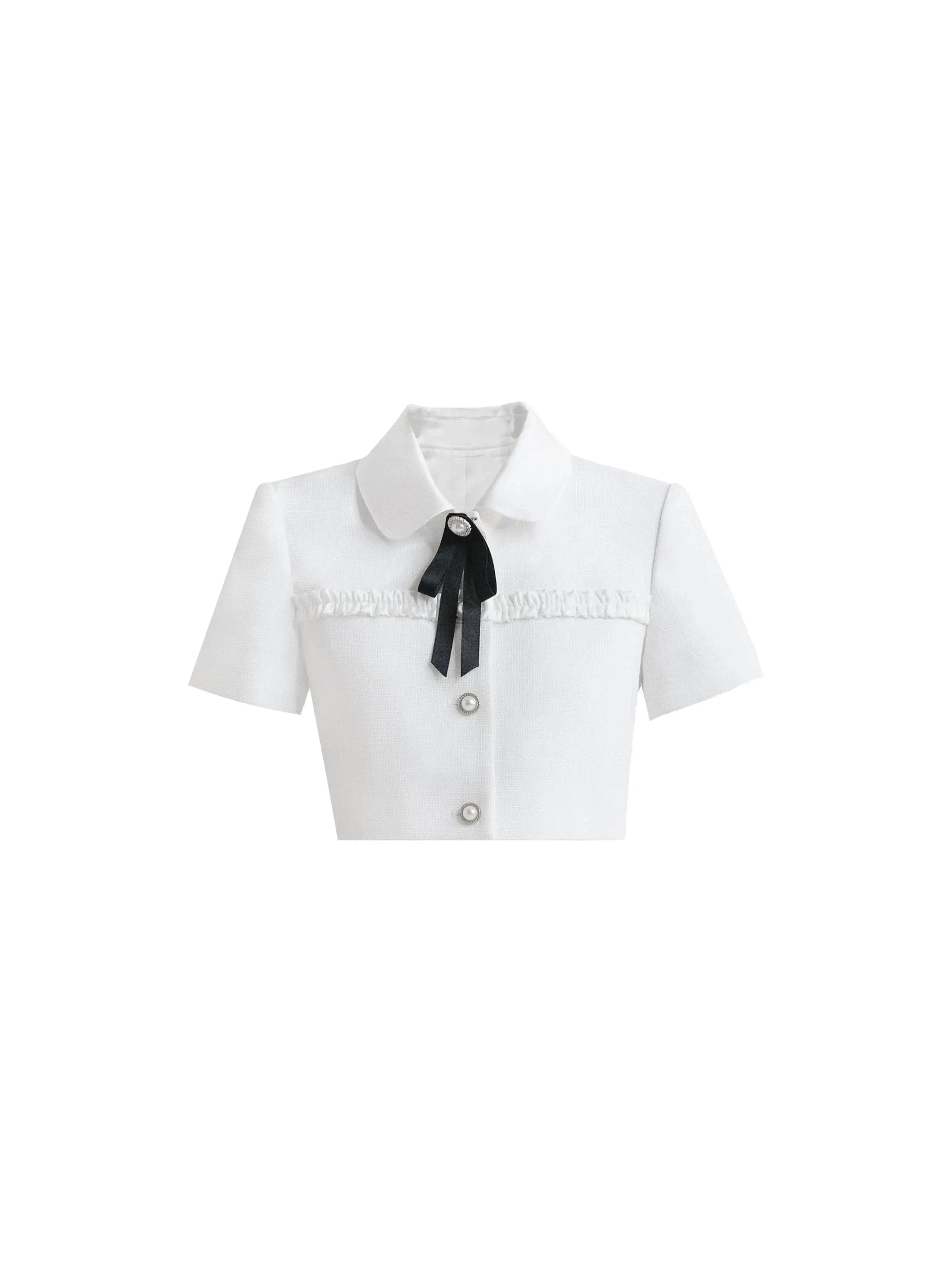 Preppy Bow Collar Tennis Set - White Ruffle Blouse and Pleated Skirt