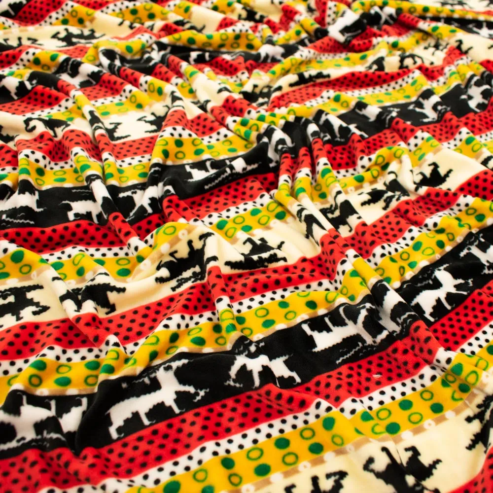 Printed Microfleece Ultra Wide 180cm Design-1 Christmas Reindeer on Black, Red &Cream Stripes