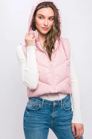 "Snowy Mornings" Cropped Light Pink Puffer Faux Leather Vest