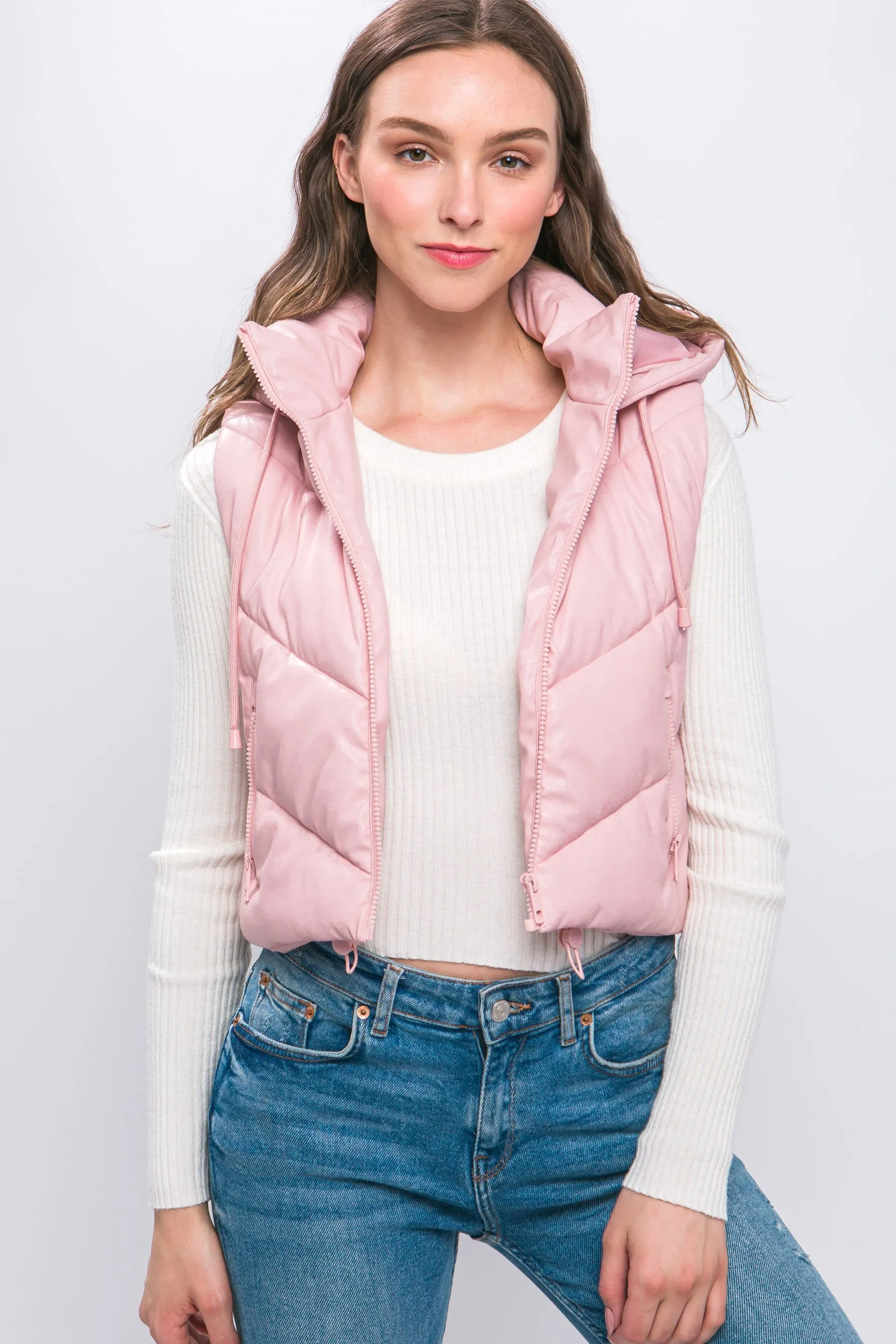 "Snowy Mornings" Cropped Light Pink Puffer Faux Leather Vest