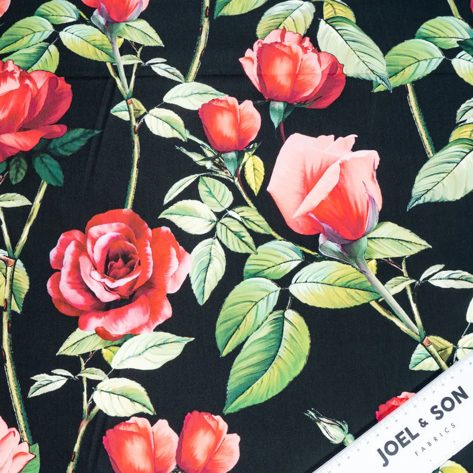 Red Rose Printed Black Pure Luxury Cotton