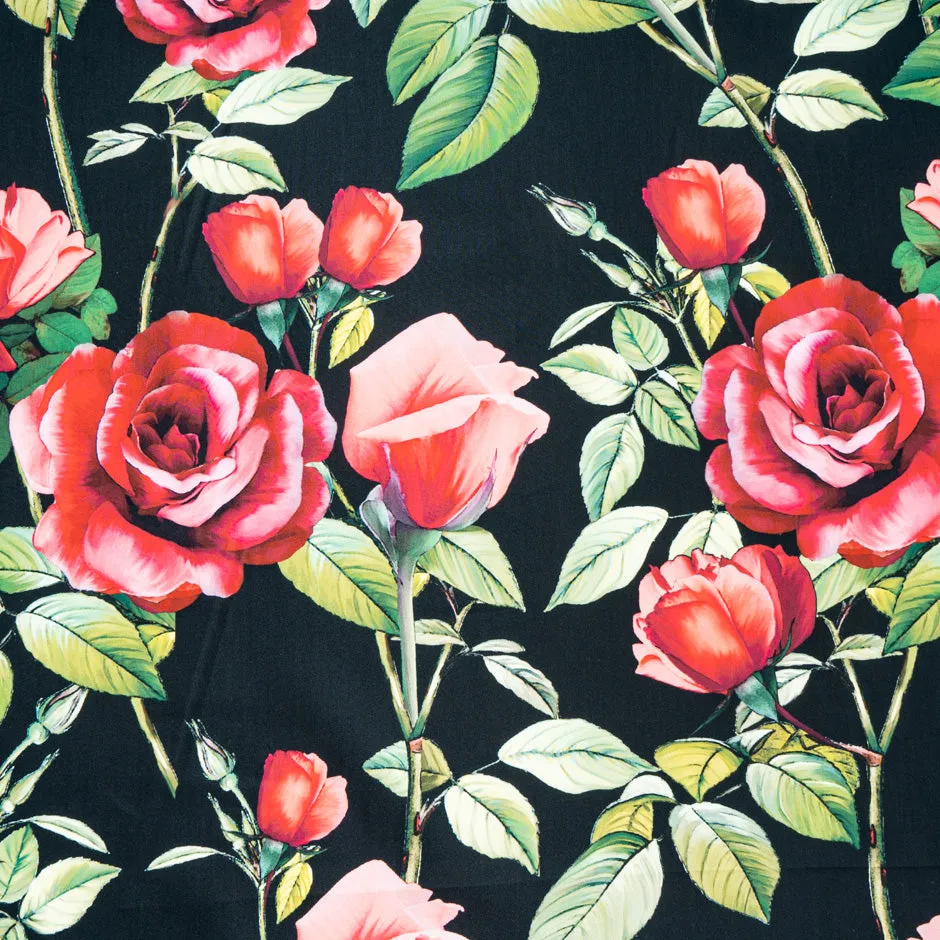 Red Rose Printed Black Pure Luxury Cotton