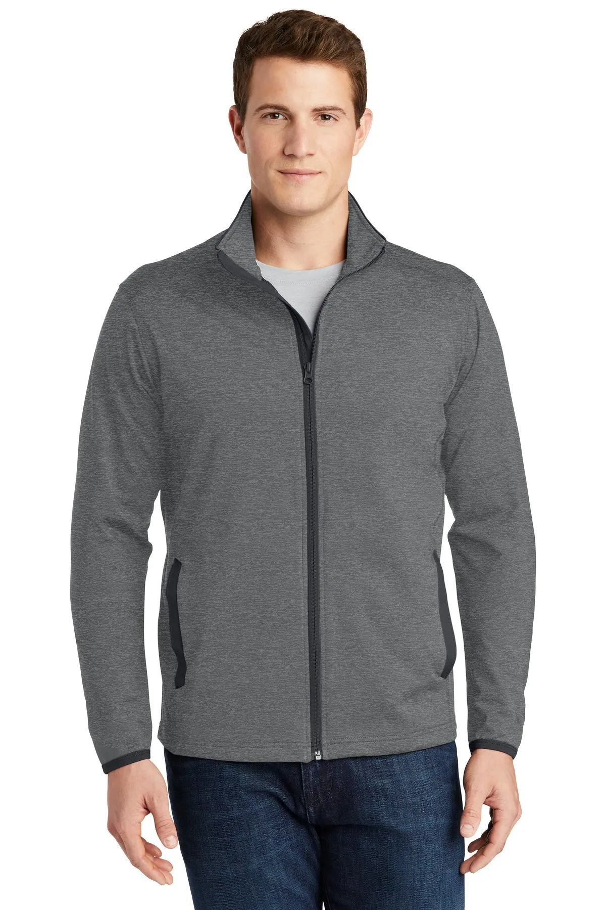 Sport-Tek Sport-Wick Stretch Contrast Branded Full-Zip Jackets, Charcoal Grey Heather/ Charcoal Grey