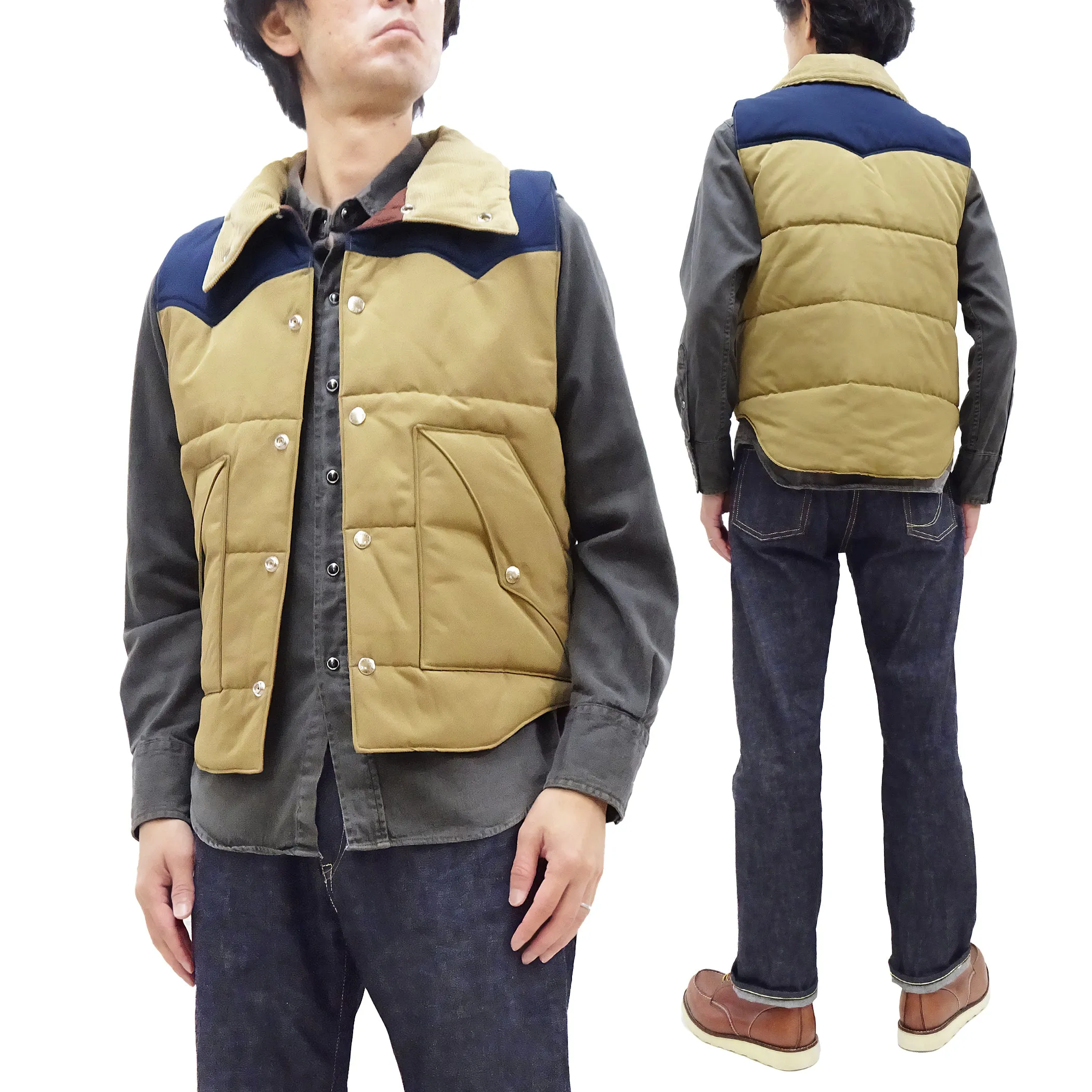 Sugar Cane Puffer Vest Men's Outer Vest Contrast Yoke Panel Padded Vest SC15400 133 Beige/Navy-Blue/Beige