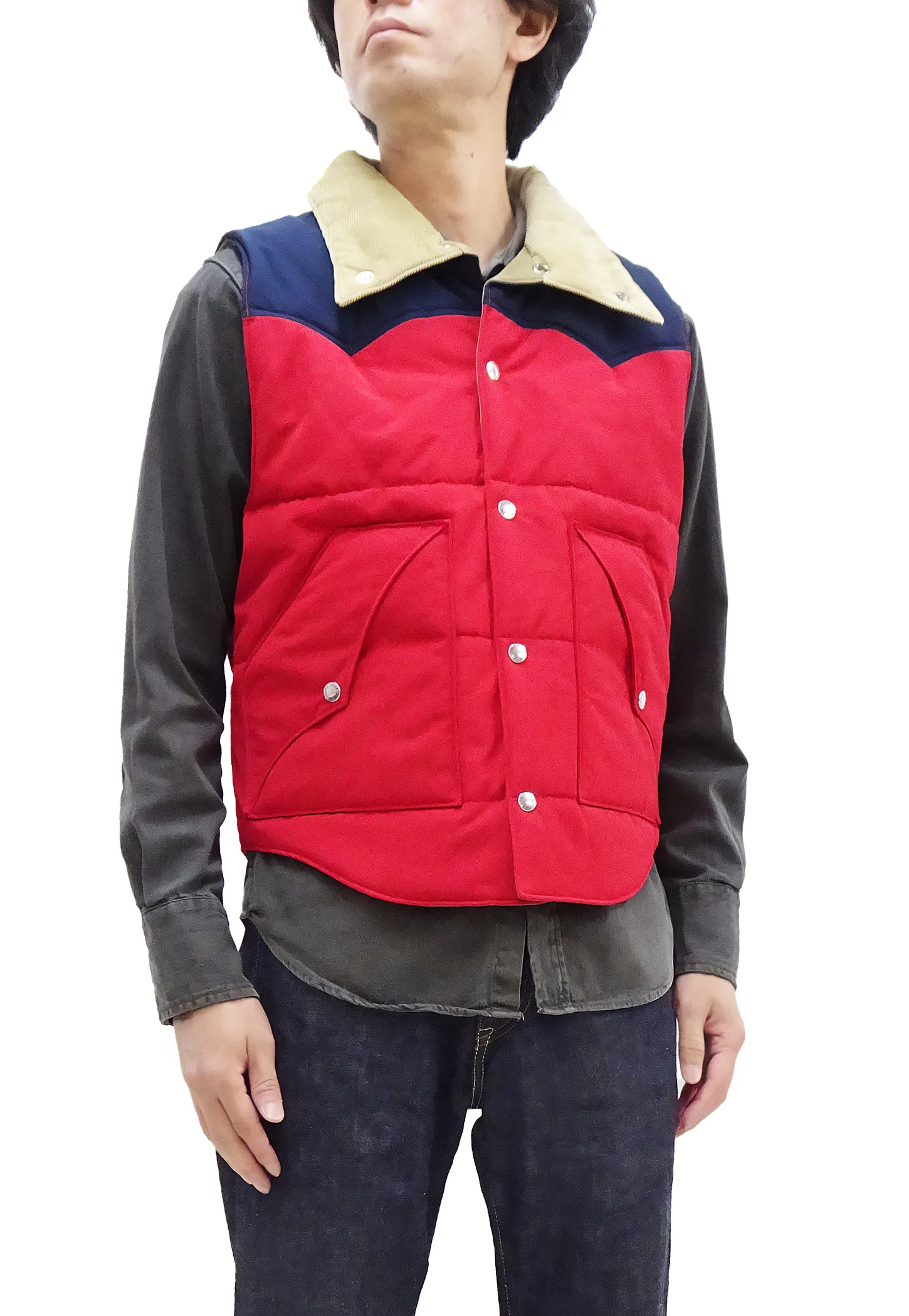 Sugar Cane Puffer Vest Men's Outer Vest Contrast Yoke Panel Padded Vest SC15400 165 Red/Navy-Blue/Beige