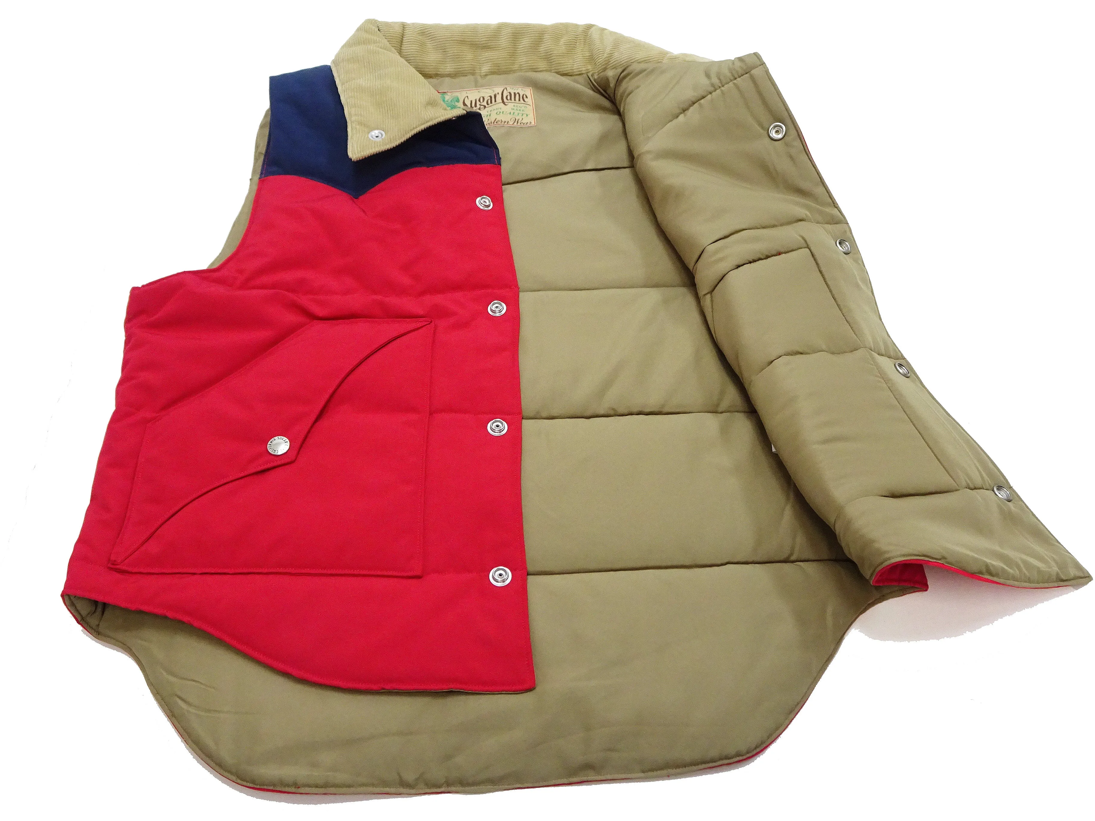 Sugar Cane Puffer Vest Men's Outer Vest Contrast Yoke Panel Padded Vest SC15400 165 Red/Navy-Blue/Beige