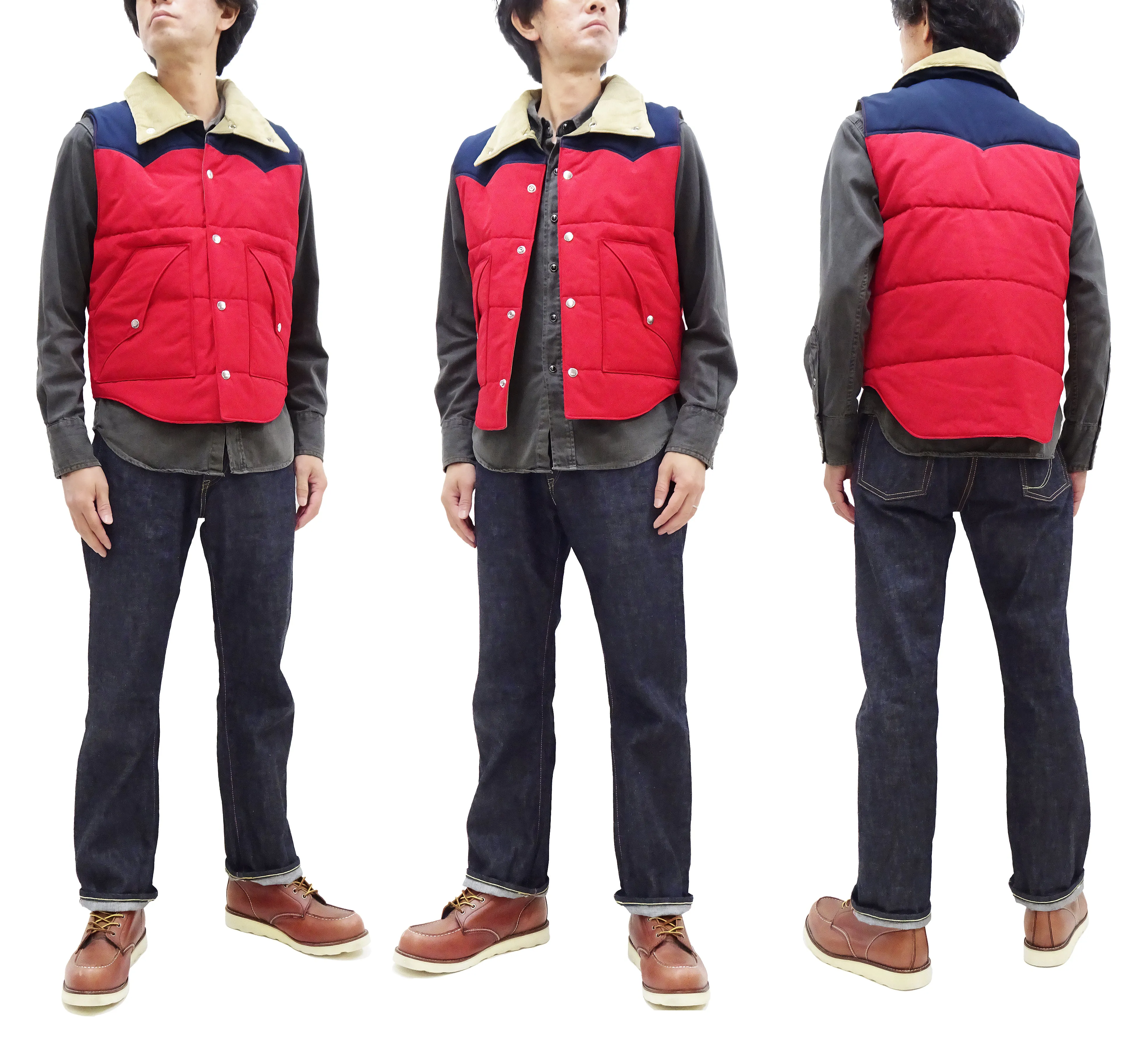 Sugar Cane Puffer Vest Men's Outer Vest Contrast Yoke Panel Padded Vest SC15400 165 Red/Navy-Blue/Beige