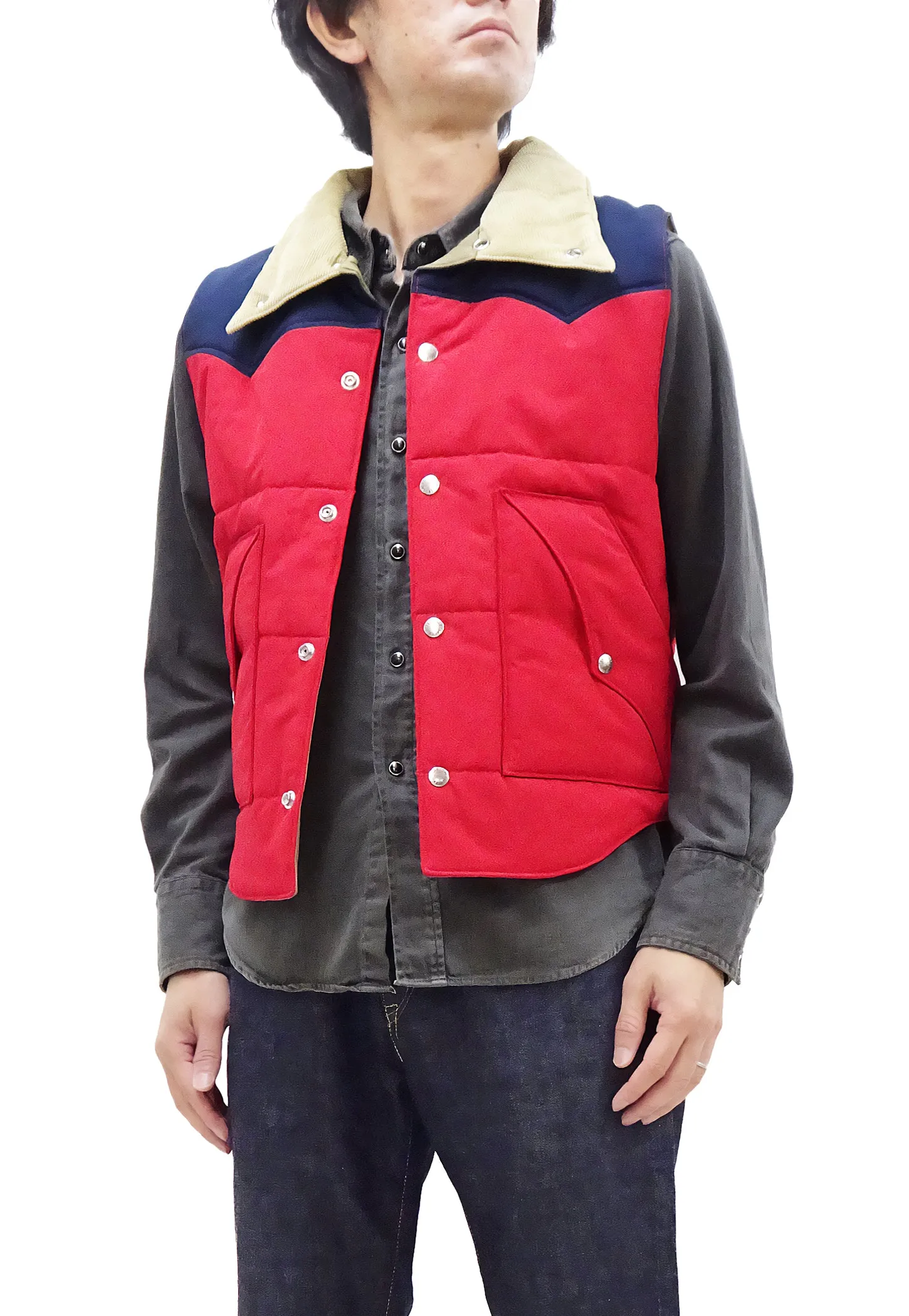 Sugar Cane Puffer Vest Men's Outer Vest Contrast Yoke Panel Padded Vest SC15400 165 Red/Navy-Blue/Beige