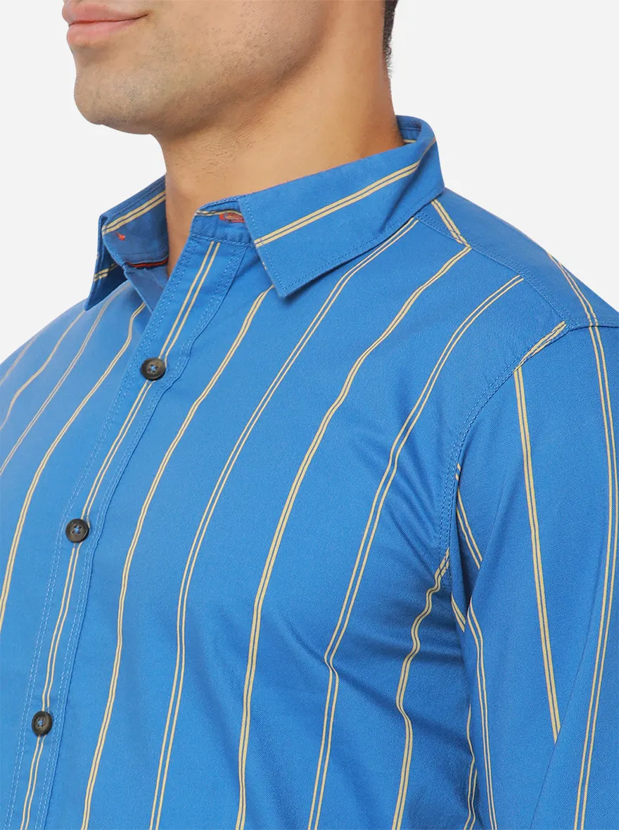 Turquoise Blue Striped Slim Fit Semi Casual Shirt | JadeBlue