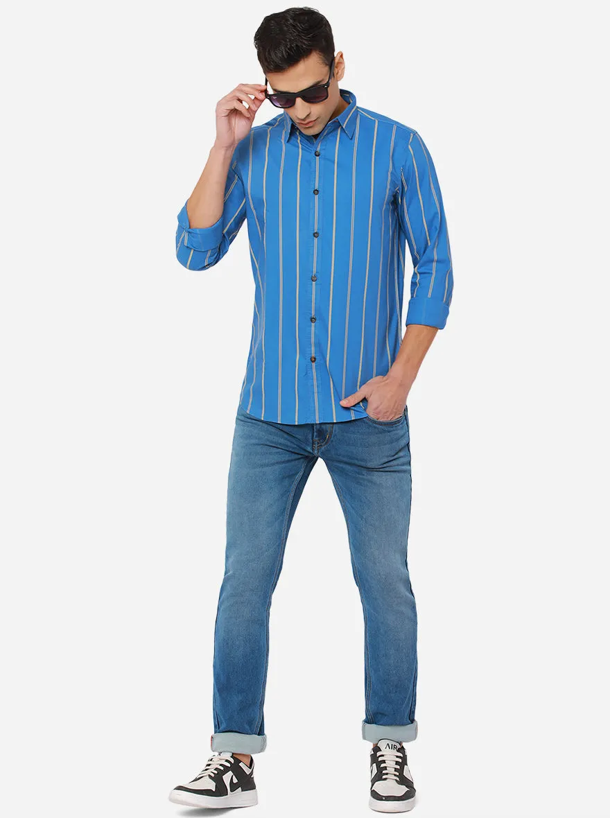 Turquoise Blue Striped Slim Fit Semi Casual Shirt | JadeBlue