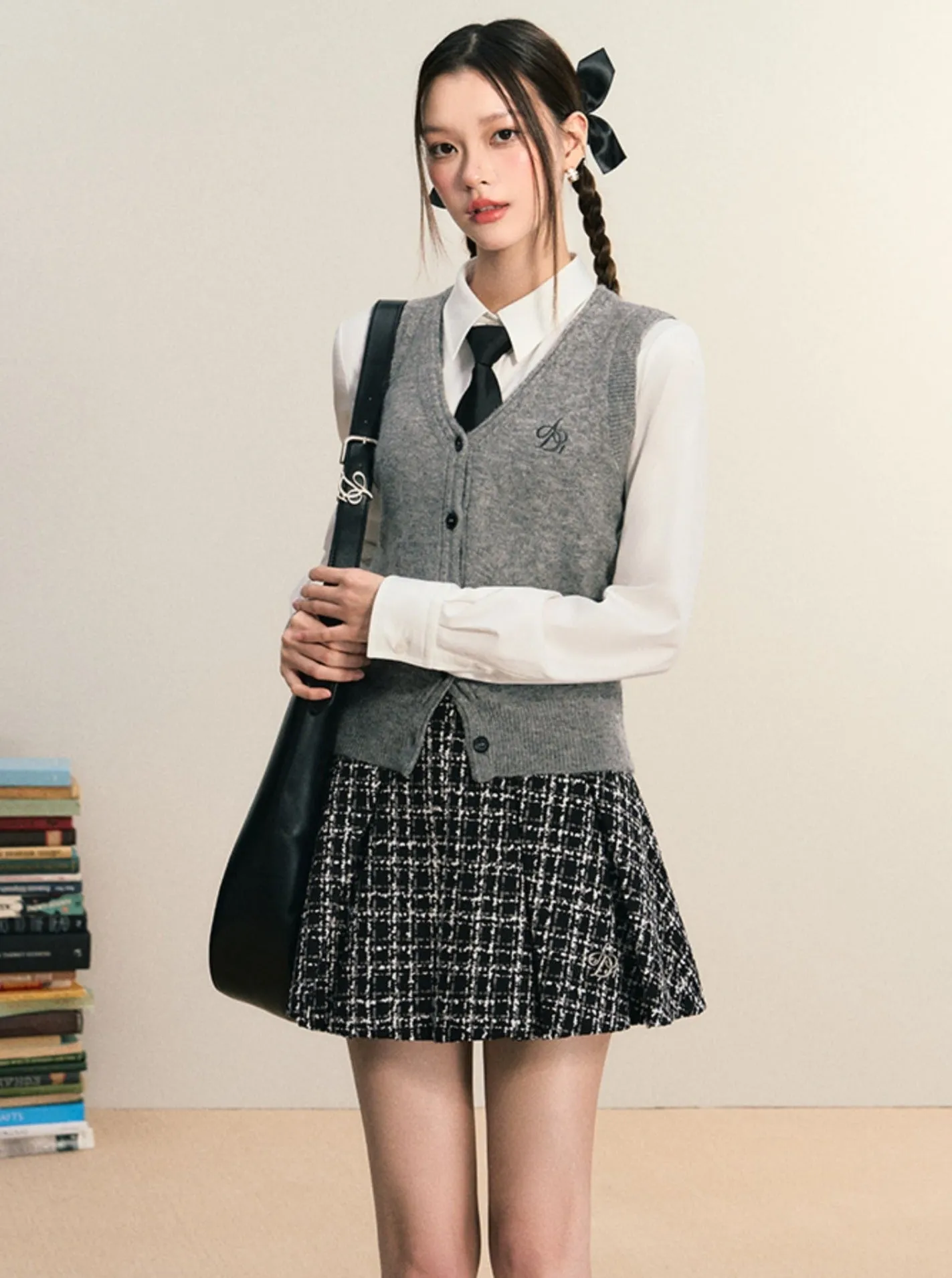 Tweed Flare Mini Skirt: Black and White Plaid A-Line with Textured Boucle Fabric