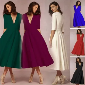 VenusFox Women Vintage Casual Sexy V Neck Long Party Dresses Plus Size