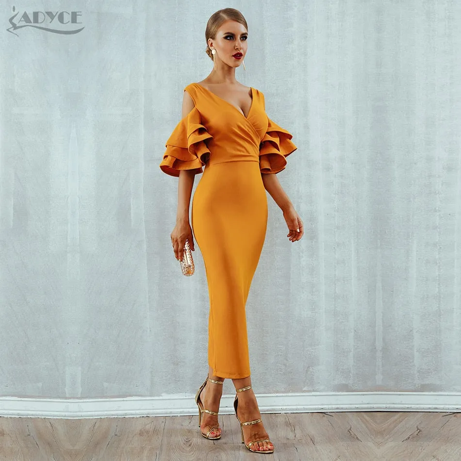 VenusFox Yellow Red Ruffle Butterfly Short Sleeve Midi Dress