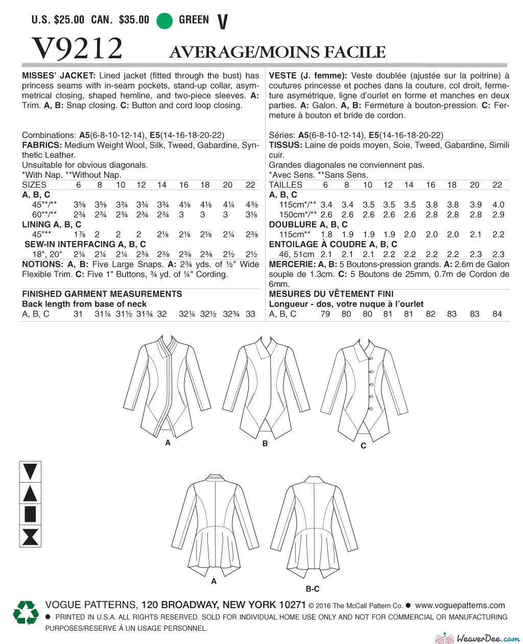 Vogue Pattern V9212 Misses' Seamed & Collared Jackets