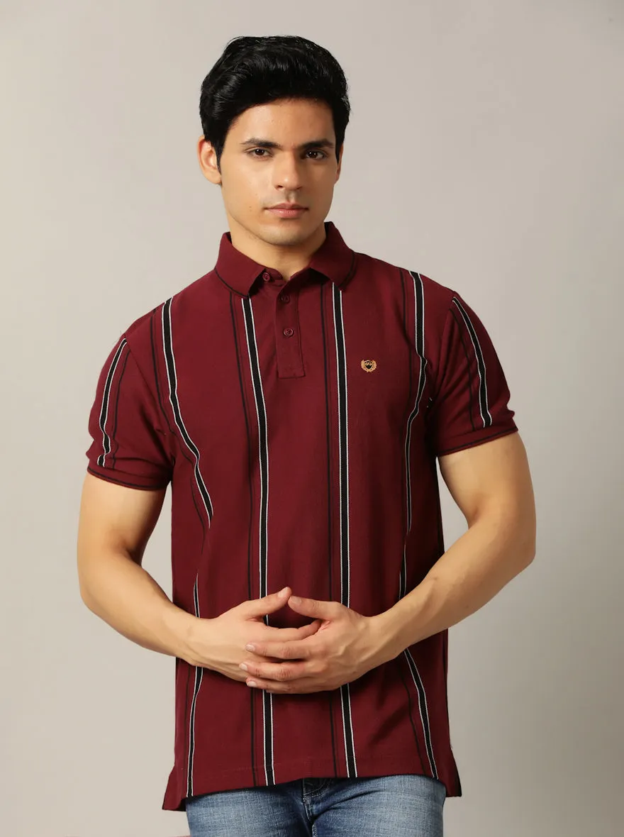 Wine Striped Slim Fit Polo T-Shirt | JadeBlue