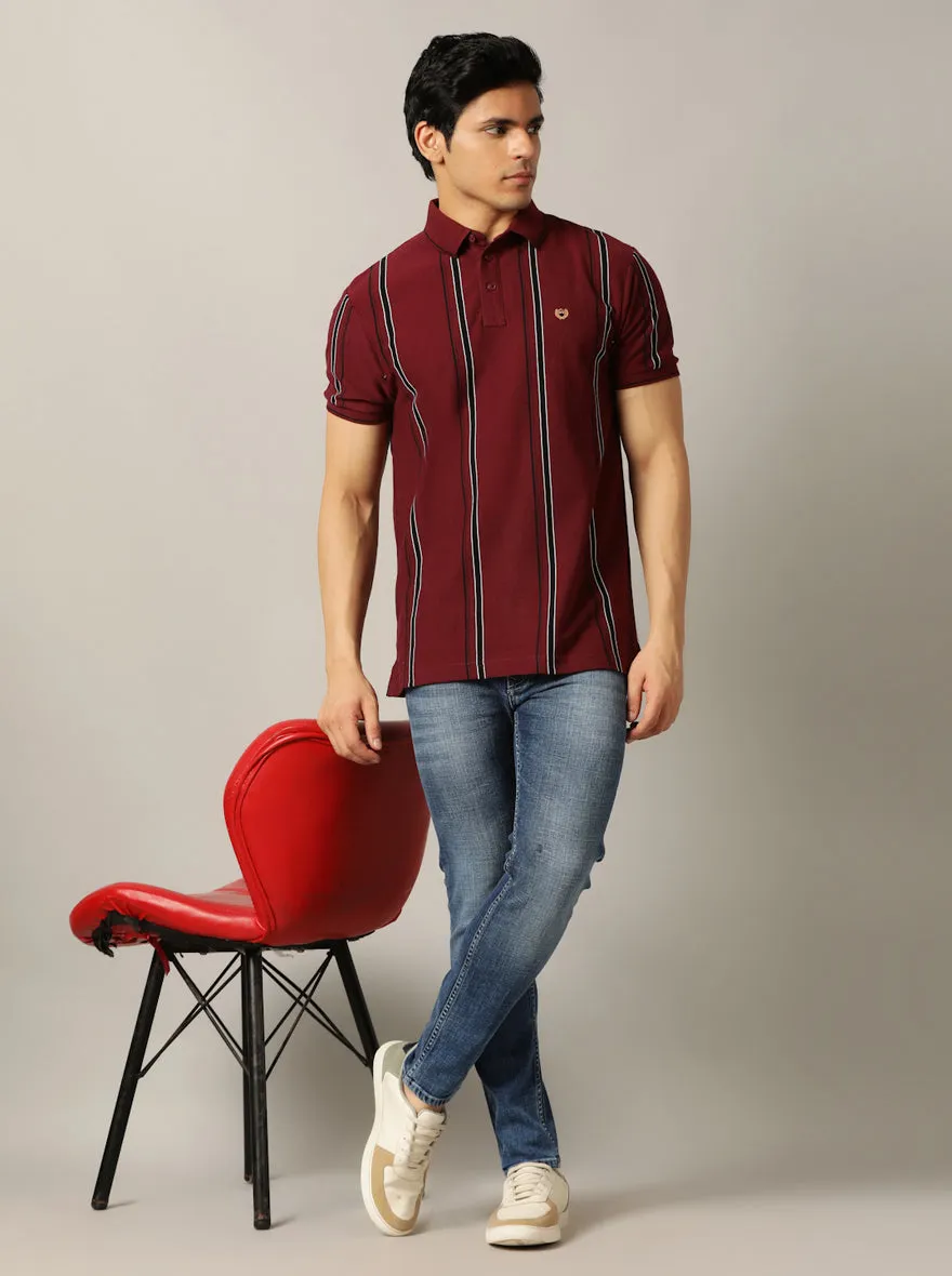 Wine Striped Slim Fit Polo T-Shirt | JadeBlue