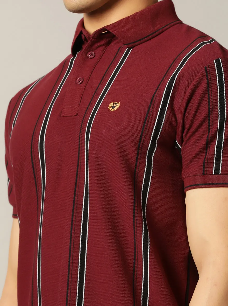 Wine Striped Slim Fit Polo T-Shirt | JadeBlue