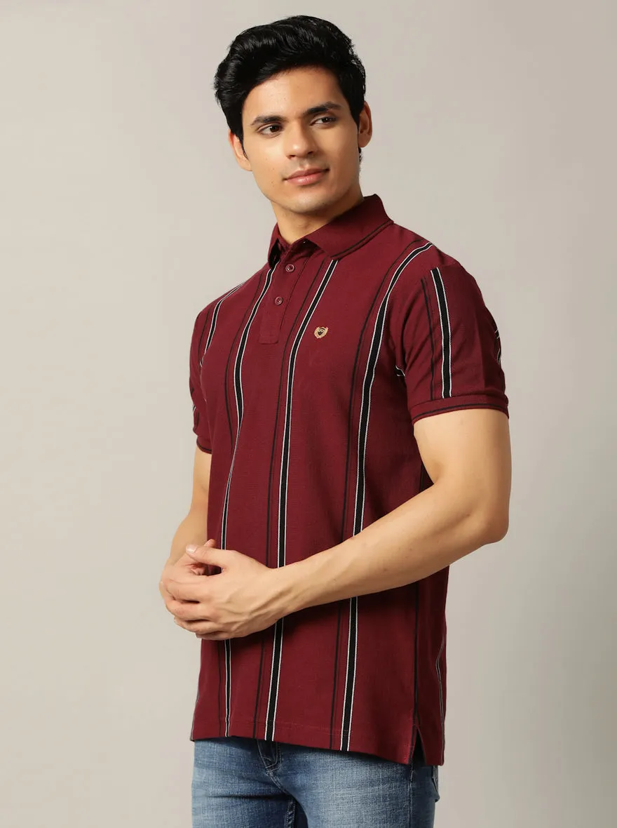 Wine Striped Slim Fit Polo T-Shirt | JadeBlue